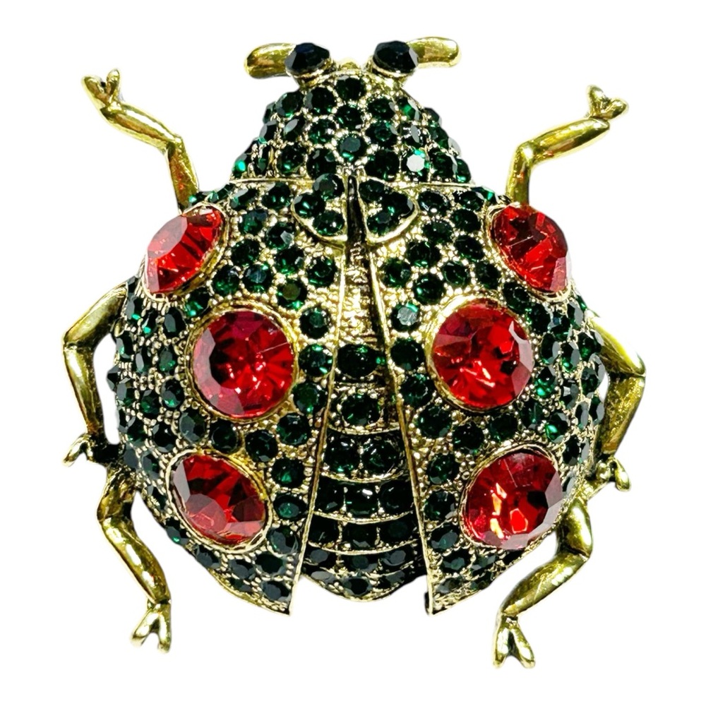 Giant Ladybug Insect Brooch Pin Gold Tone Green Red Rhinestones Womens Gift